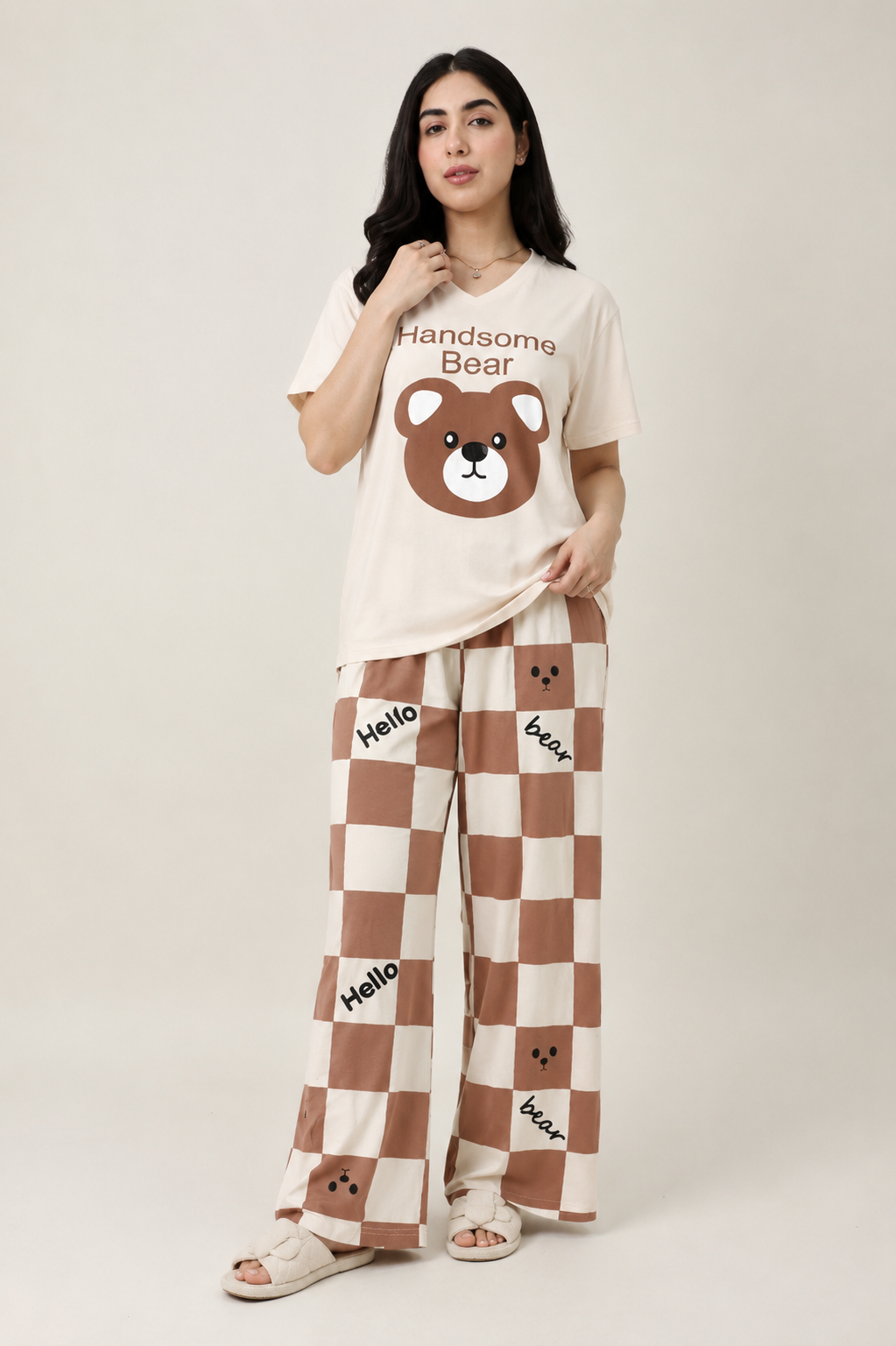Women's Handsome Bear Night Suit – Cream Graphic T-Shirt & Brown Checkered Pajama Set